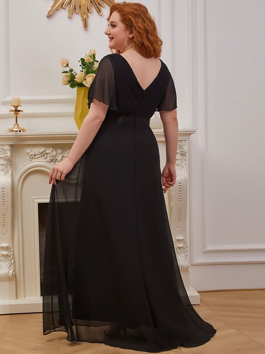 Damen V-Ausschnitt Lange Chiffon Abendkleider mit Schleppe #Farbe_Schwarz Damen V-Ausschnitt Lange Chiffon Abendkleider mit Schleppe #Farbe_Schwarz