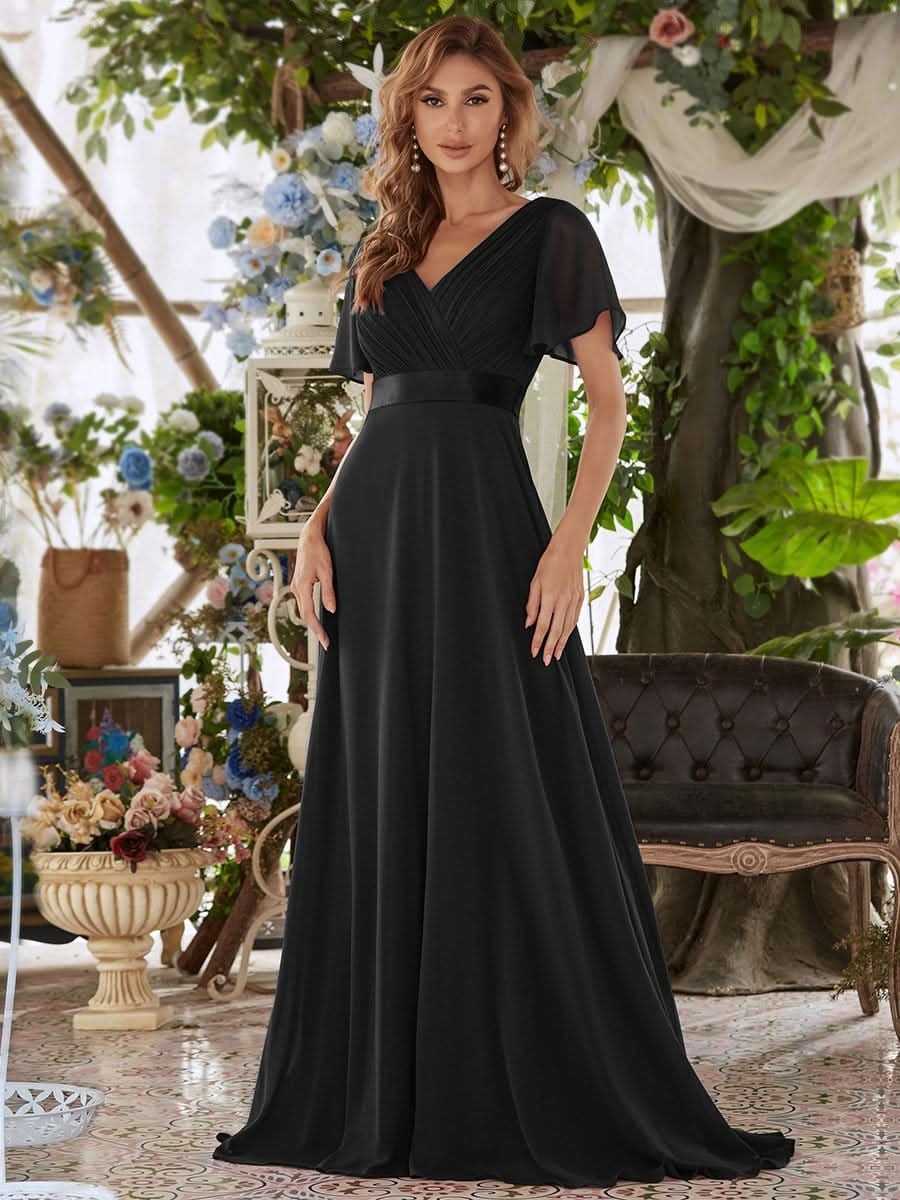 Damen V-Ausschnitt Lange Chiffon Abendkleider mit Schleppe #Farbe_Schwarz Damen V-Ausschnitt Lange Chiffon Abendkleider mit Schleppe #Farbe_Schwarz