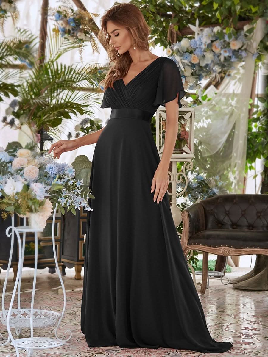 Damen V-Ausschnitt Lange Chiffon Abendkleider mit Schleppe #Farbe_Schwarz Damen V-Ausschnitt Lange Chiffon Abendkleider mit Schleppe #Farbe_Schwarz