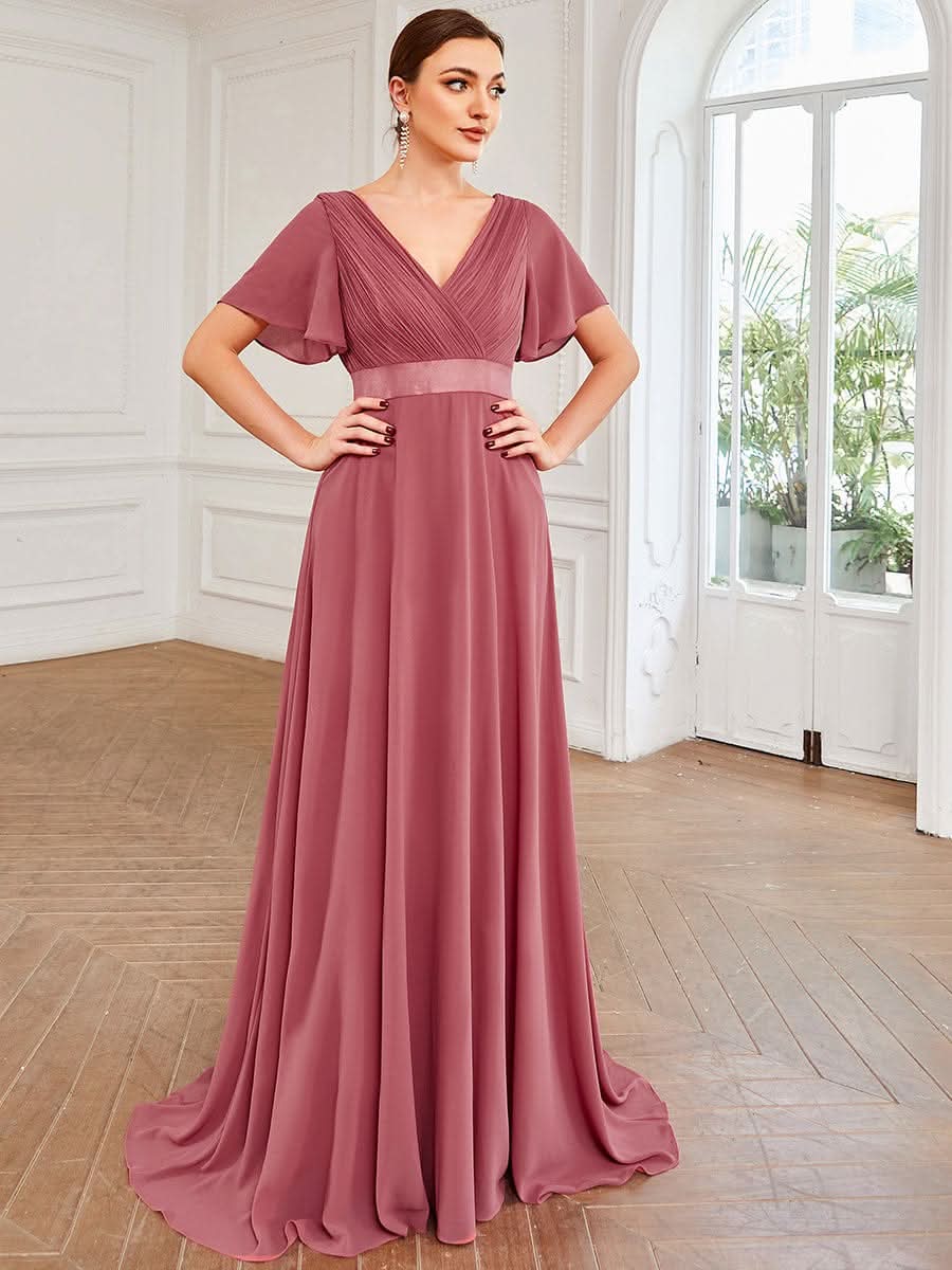 Minimalistisches A-Line Maxi Chiffon Brautkleid mit Satingürtel #Farbe_Korallen Rosa