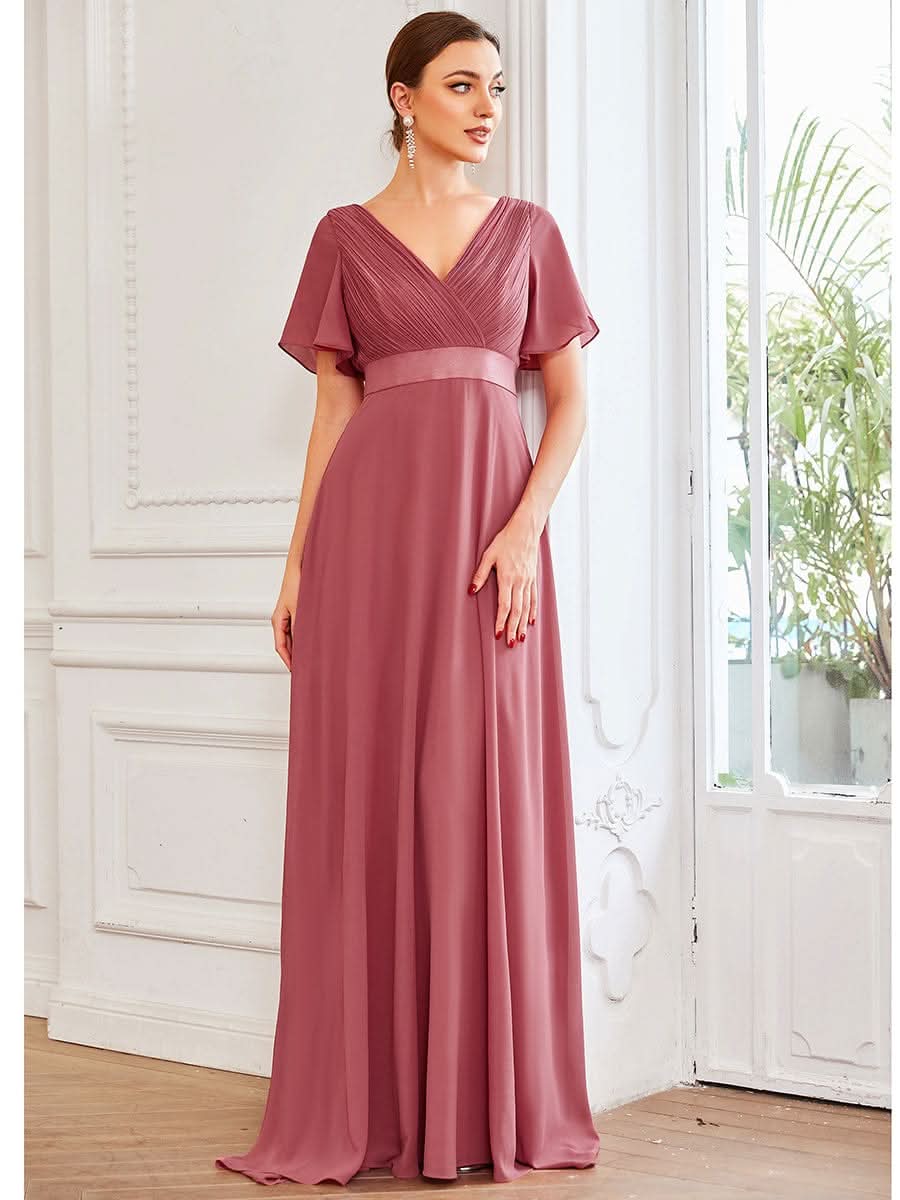 Minimalistisches A-Line Maxi Chiffon Brautkleid mit Satingürtel #Farbe_Korallen Rosa