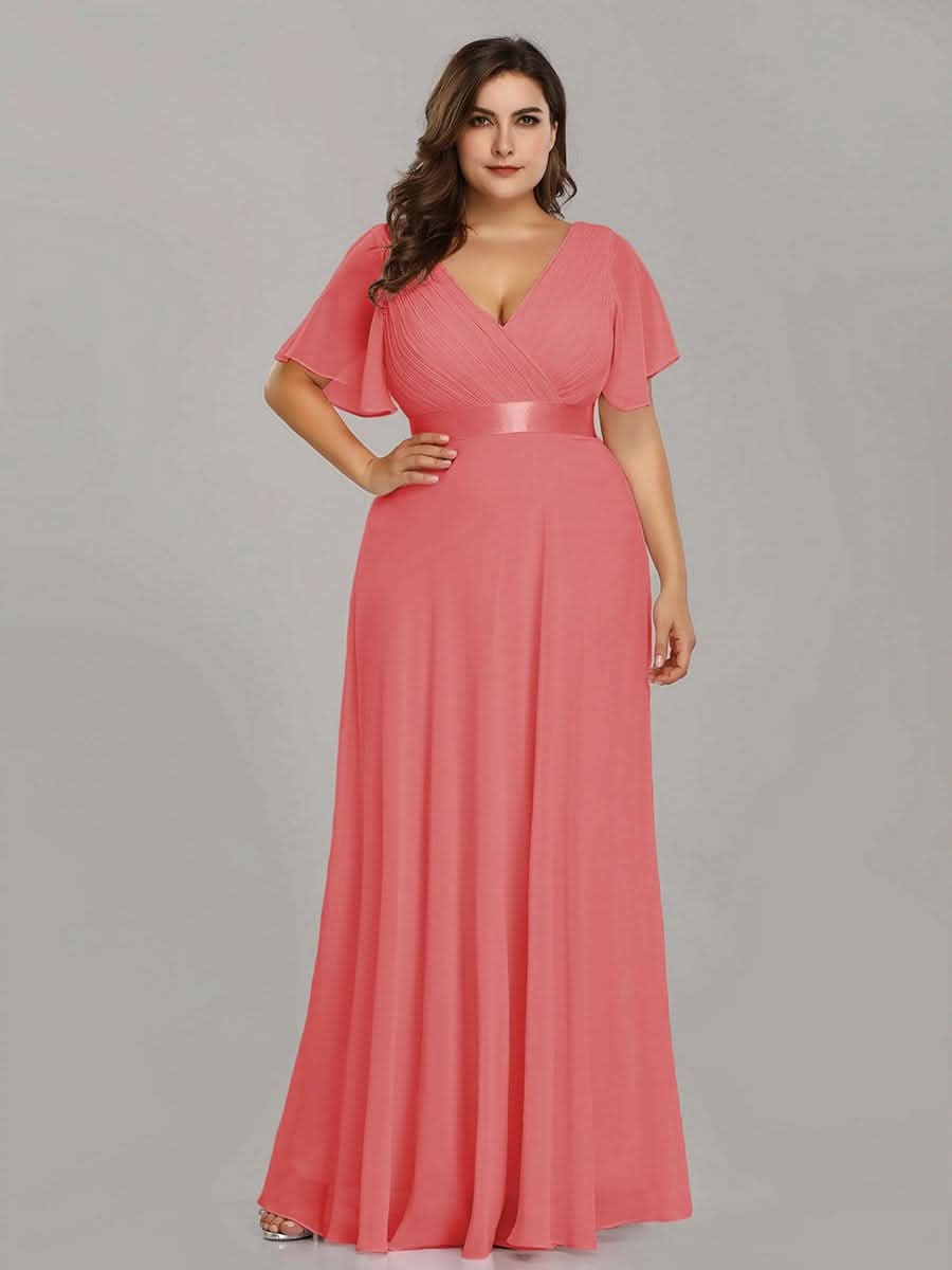 Damen V-Ausschnitt Lange Chiffon Abendkleider mit Schleppe #Farbe_Koralle Damen V-Ausschnitt Lange Chiffon Abendkleider mit Schleppe #Farbe_Koralle
