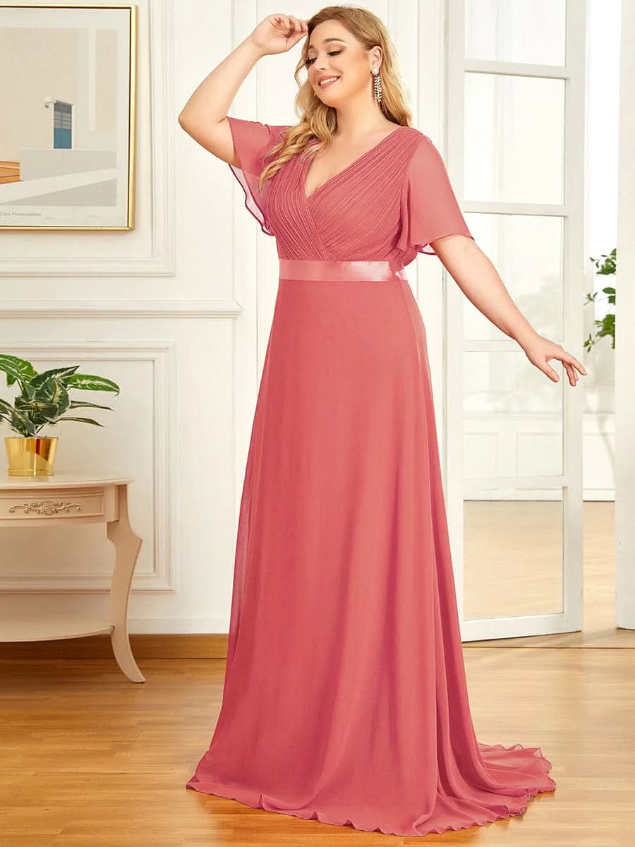 Größe Nach Maß Damen V-Ausschnitt Lange Chiffon Abendkleider mit Schleppe 09890