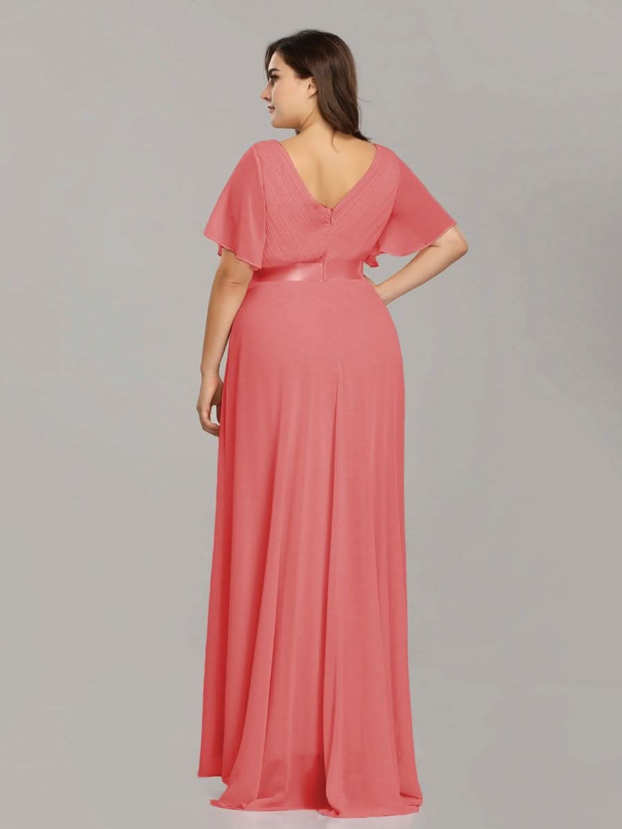 Damen V-Ausschnitt Lange Chiffon Abendkleider mit Schleppe #Farbe_Koralle