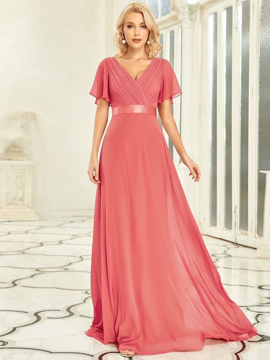 Größe Nach Maß Damen V-Ausschnitt Lange Chiffon Abendkleider mit Schleppe 09890