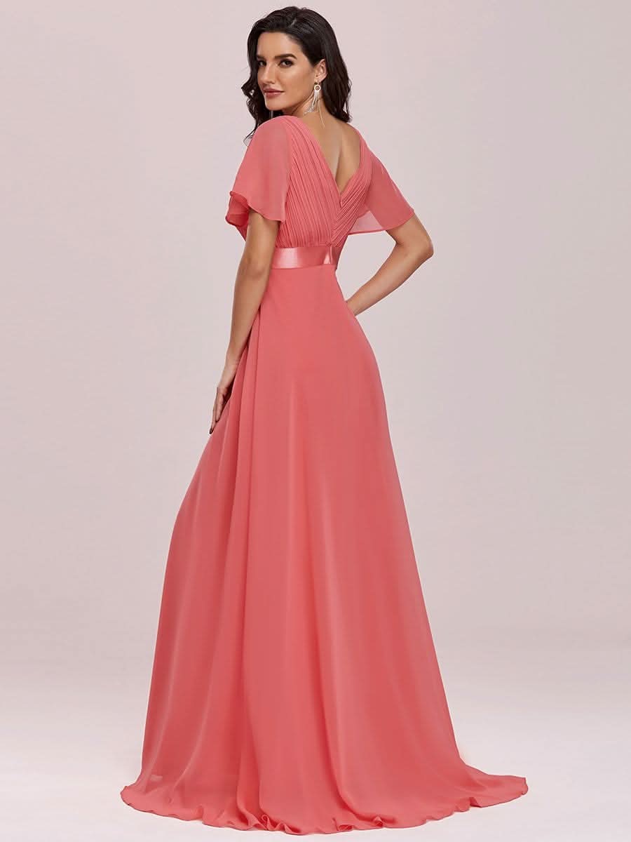 Damen V-Ausschnitt Lange Chiffon Abendkleider mit Schleppe #Farbe_Koralle Damen V-Ausschnitt Lange Chiffon Abendkleider mit Schleppe #Farbe_Koralle