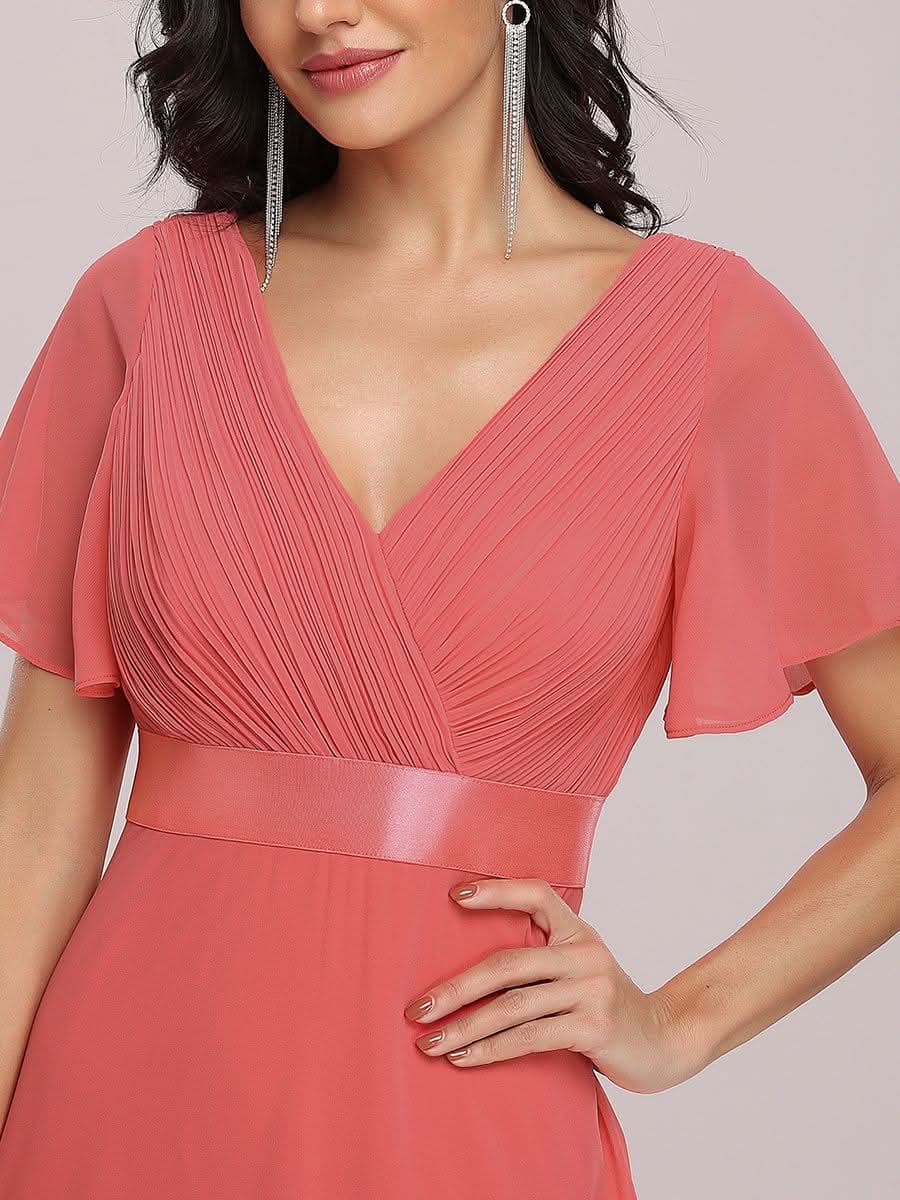 Damen V-Ausschnitt Lange Chiffon Abendkleider mit Schleppe #Farbe_Koralle Damen V-Ausschnitt Lange Chiffon Abendkleider mit Schleppe #Farbe_Koralle