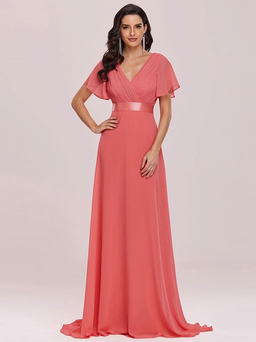 Damen V-Ausschnitt Lange Chiffon Abendkleider mit Schleppe #Farbe_Koralle