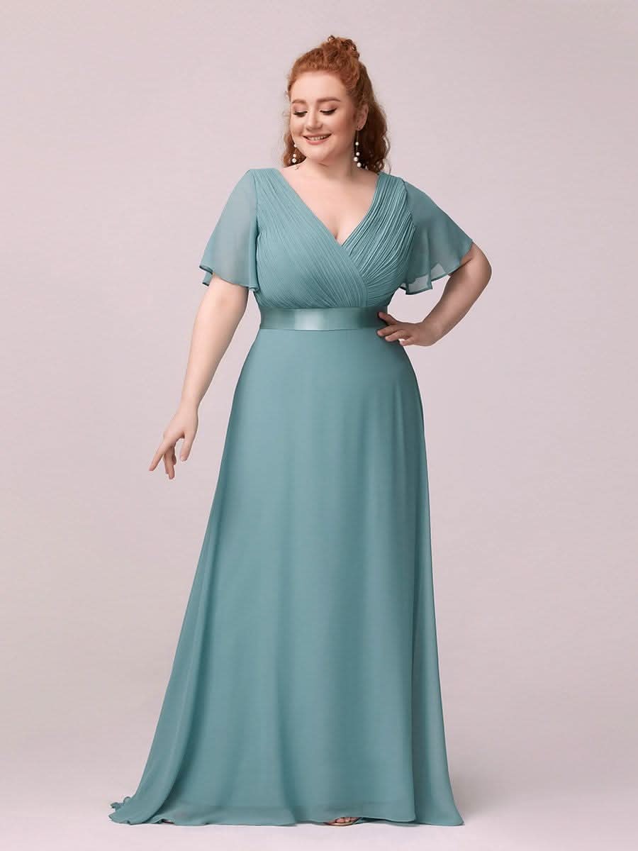Damen V-Ausschnitt Lange Chiffon Abendkleider mit Schleppe #Farbe_Dusty Blau Damen V-Ausschnitt Lange Chiffon Abendkleider mit Schleppe #Farbe_Dusty Blau