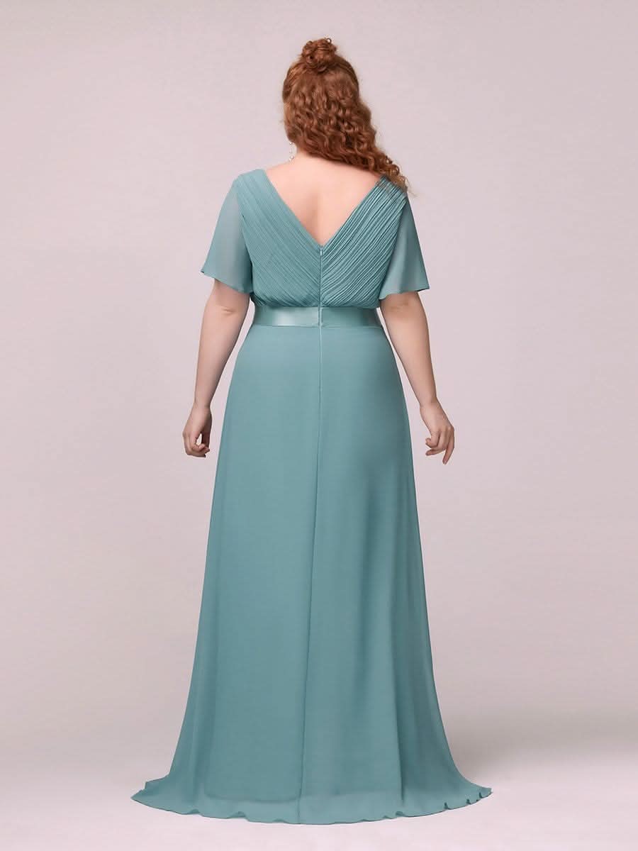 V-Ausschnitt Empire-Taille Lange Chiffon Hochzeitsgast Kleider Große Größen #Farbe_Dusty Blau