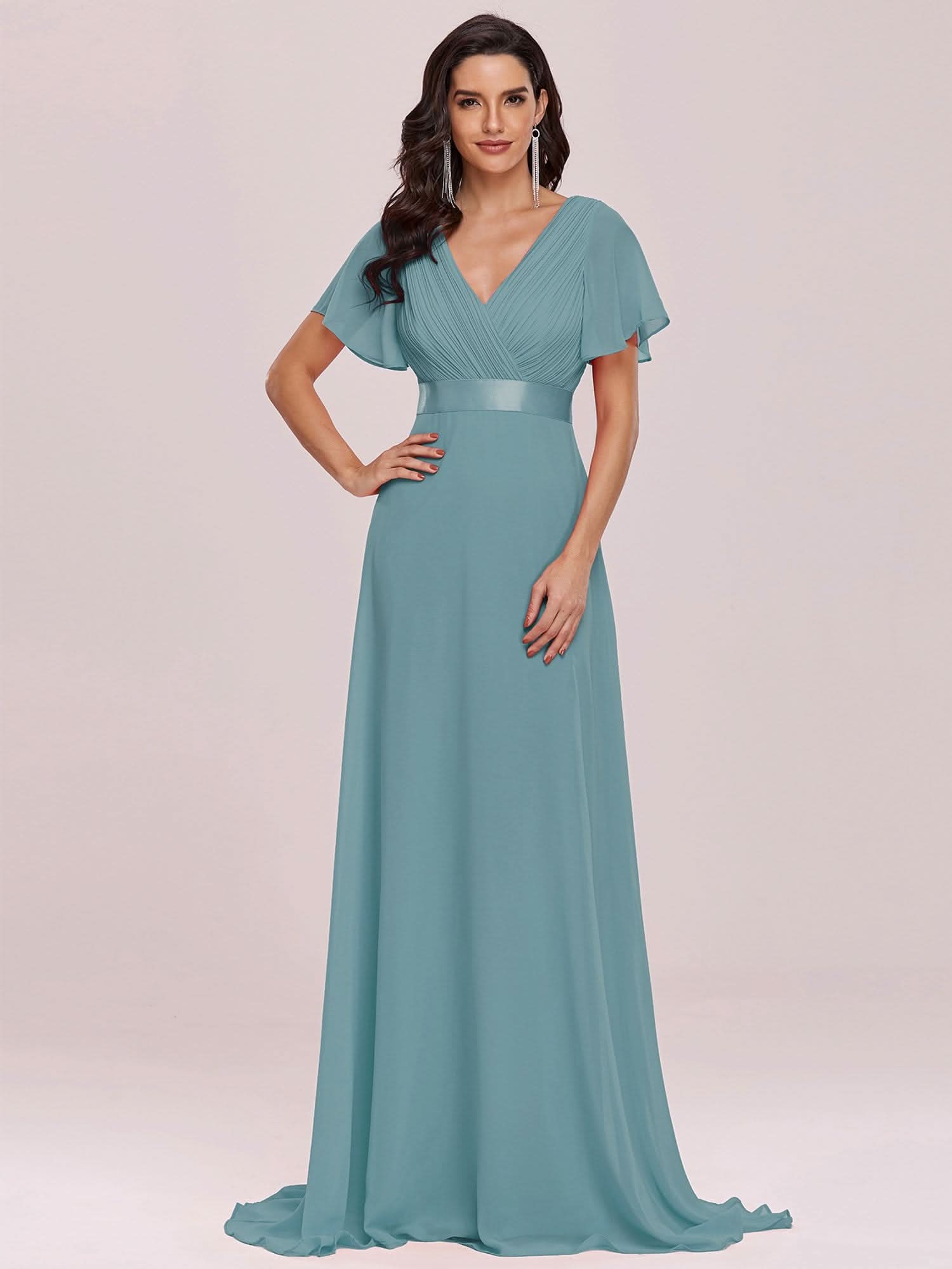 Damen V-Ausschnitt Lange Chiffon Abendkleider mit Schleppe #Farbe_Dusty Blau Damen V-Ausschnitt Lange Chiffon Abendkleider mit Schleppe #Farbe_Dusty Blau