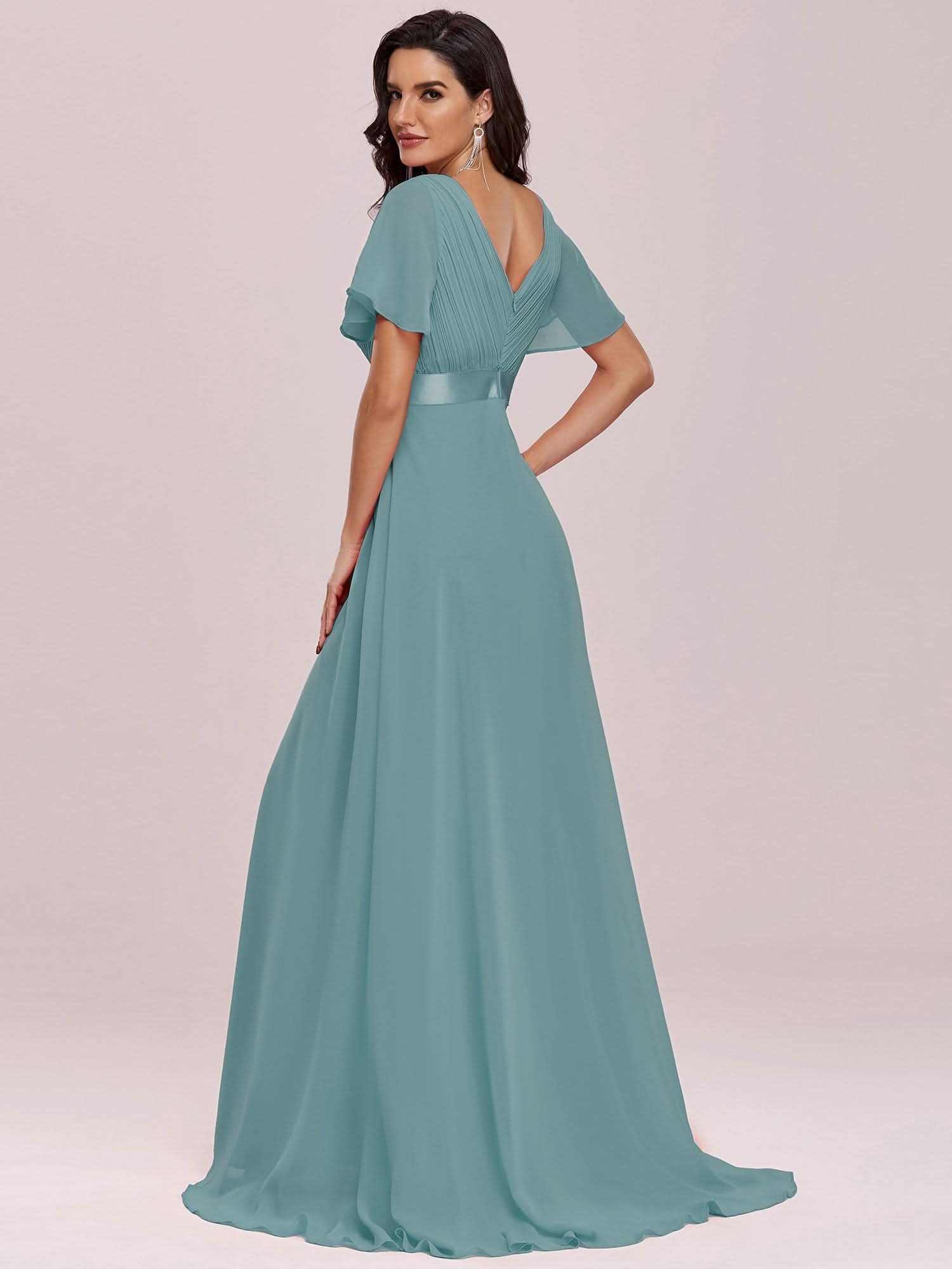 Damen V-Ausschnitt Lange Chiffon Abendkleider mit Schleppe #Farbe_Dusty Blau Damen V-Ausschnitt Lange Chiffon Abendkleider mit Schleppe #Farbe_Dusty Blau