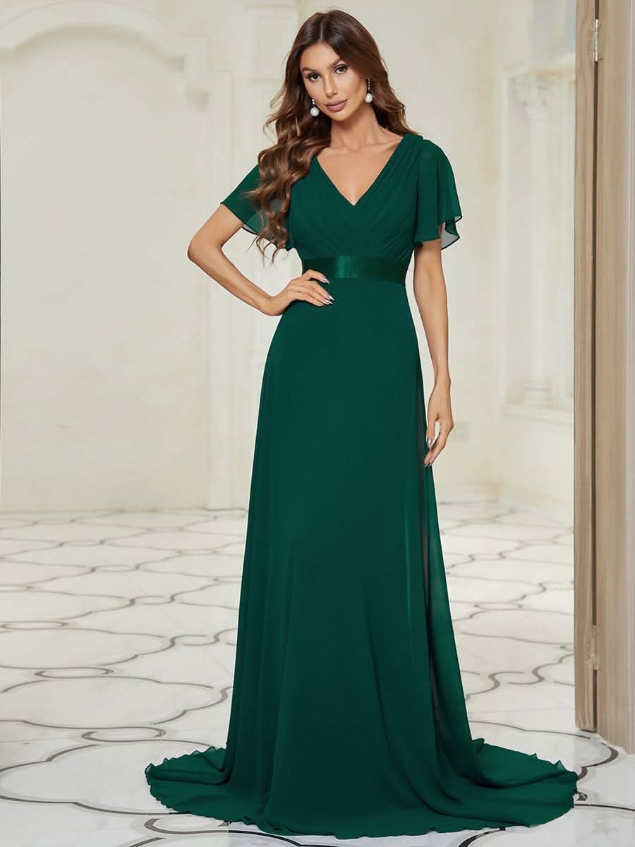 Damen V-Ausschnitt Lange Chiffon Abendkleider mit Schleppe #Farbe_Dunkel Gruen Damen V-Ausschnitt Lange Chiffon Abendkleider mit Schleppe #Farbe_Dunkel Gruen