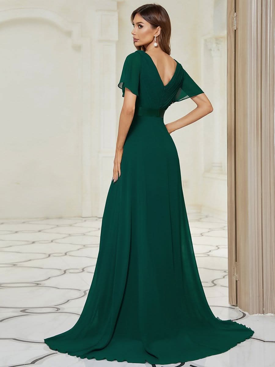 Damen V-Ausschnitt Lange Chiffon Abendkleider mit Schleppe #Farbe_Dunkel Gruen Damen V-Ausschnitt Lange Chiffon Abendkleider mit Schleppe #Farbe_Dunkel Gruen