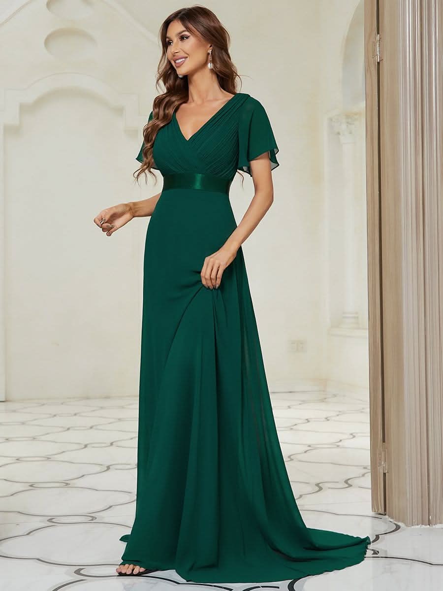 Damen V-Ausschnitt Lange Chiffon Abendkleider mit Schleppe #Farbe_Dunkel Gruen Damen V-Ausschnitt Lange Chiffon Abendkleider mit Schleppe #Farbe_Dunkel Gruen