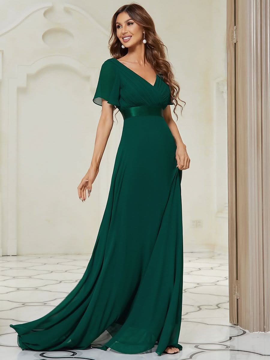 Damen V-Ausschnitt Lange Chiffon Abendkleider mit Schleppe #Farbe_Dunkel Gruen Damen V-Ausschnitt Lange Chiffon Abendkleider mit Schleppe #Farbe_Dunkel Gruen