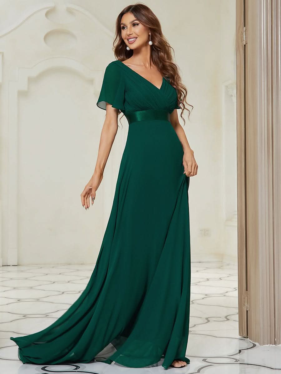Größe Nach Maß Damen V-Ausschnitt Lange Chiffon Abendkleider mit Schleppe 09890