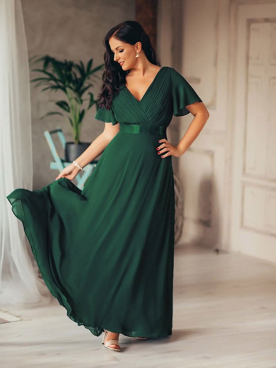 Damen V-Ausschnitt Lange Chiffon Abendkleider mit Schleppe #Farbe_Dunkel Gruen Damen V-Ausschnitt Lange Chiffon Abendkleider mit Schleppe #Farbe_Dunkel Gruen