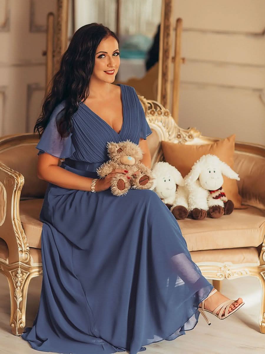 Damen V-Ausschnitt Lange Chiffon Abendkleider mit Schleppe #Farbe_Dusty Navy Damen V-Ausschnitt Lange Chiffon Abendkleider mit Schleppe #Farbe_Dusty Navy