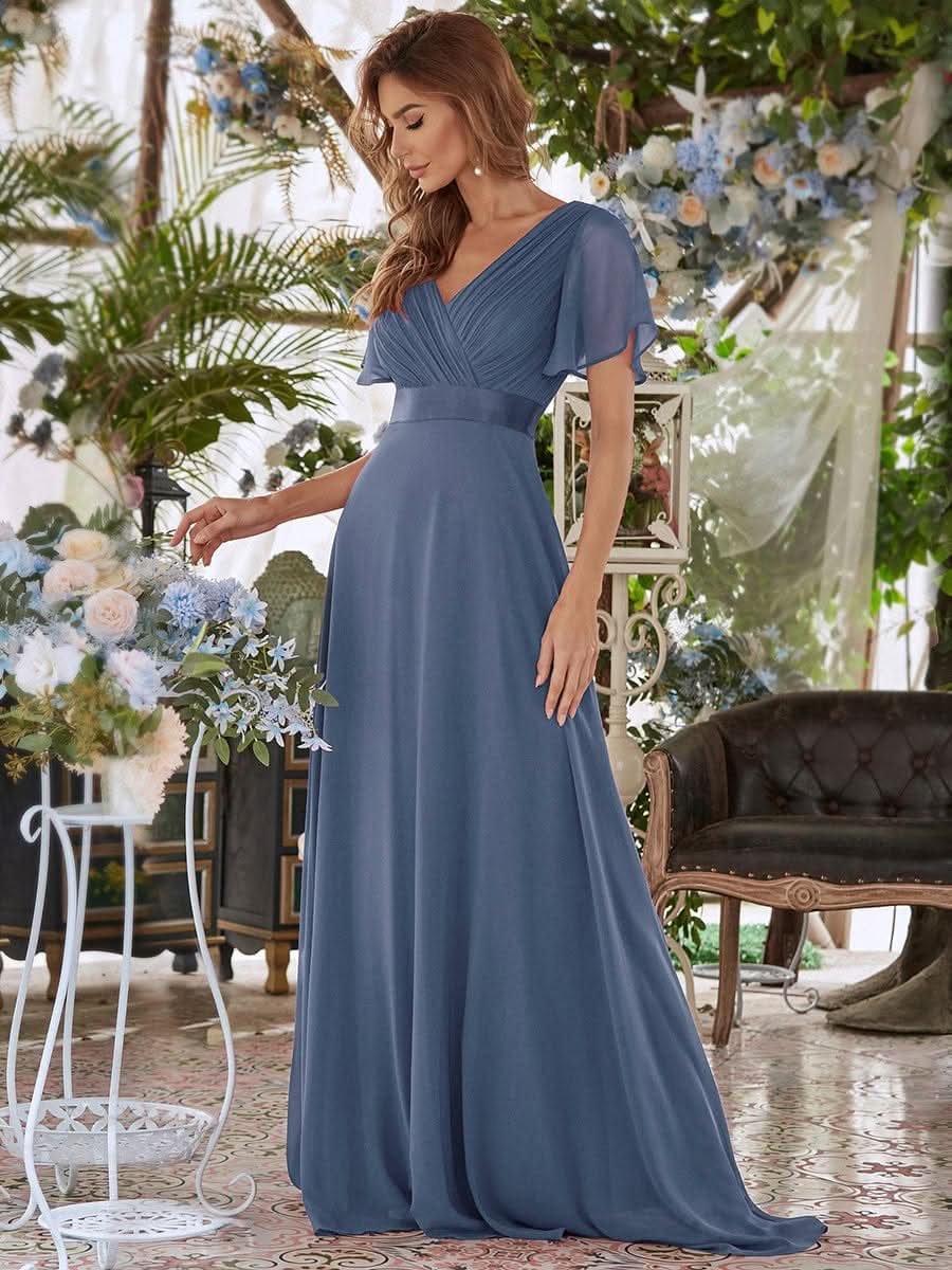 Damen V-Ausschnitt Lange Chiffon Abendkleider mit Schleppe #Farbe_Dusty Navy Damen V-Ausschnitt Lange Chiffon Abendkleider mit Schleppe #Farbe_Dusty Navy