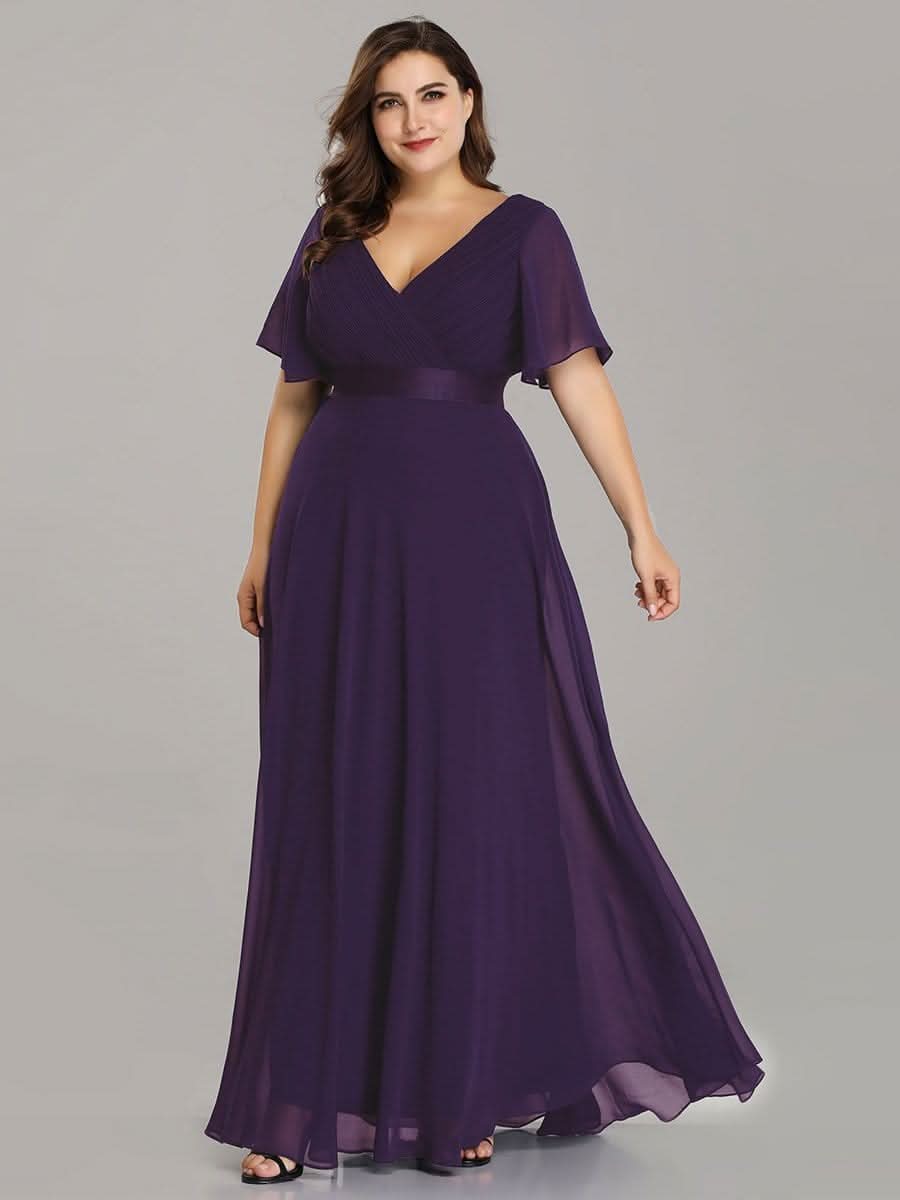 Damen V-Ausschnitt Lange Chiffon Abendkleider mit Schleppe #Farbe_Dunkel Violett Damen V-Ausschnitt Lange Chiffon Abendkleider mit Schleppe #Farbe_Dunkel Violett