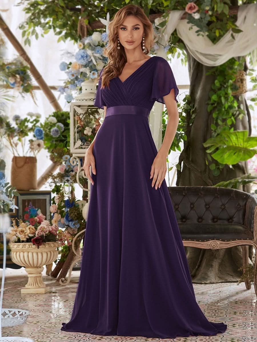 Damen V-Ausschnitt Lange Chiffon Abendkleider mit Schleppe #Farbe_Dunkel Violett Damen V-Ausschnitt Lange Chiffon Abendkleider mit Schleppe #Farbe_Dunkel Violett