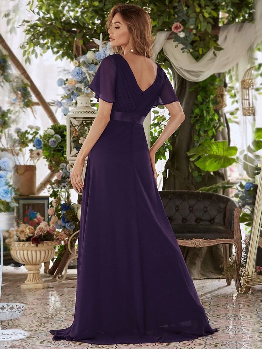 Damen V-Ausschnitt Lange Chiffon Abendkleider mit Schleppe #Farbe_Dunkel Violett