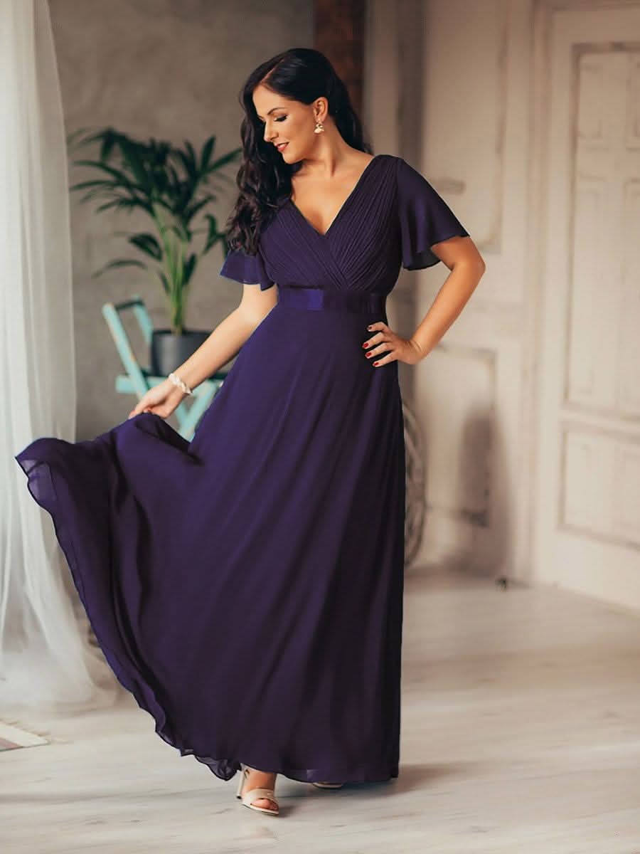 Damen V-Ausschnitt Lange Chiffon Abendkleider mit Schleppe #Farbe_Dunkel Violett Damen V-Ausschnitt Lange Chiffon Abendkleider mit Schleppe #Farbe_Dunkel Violett