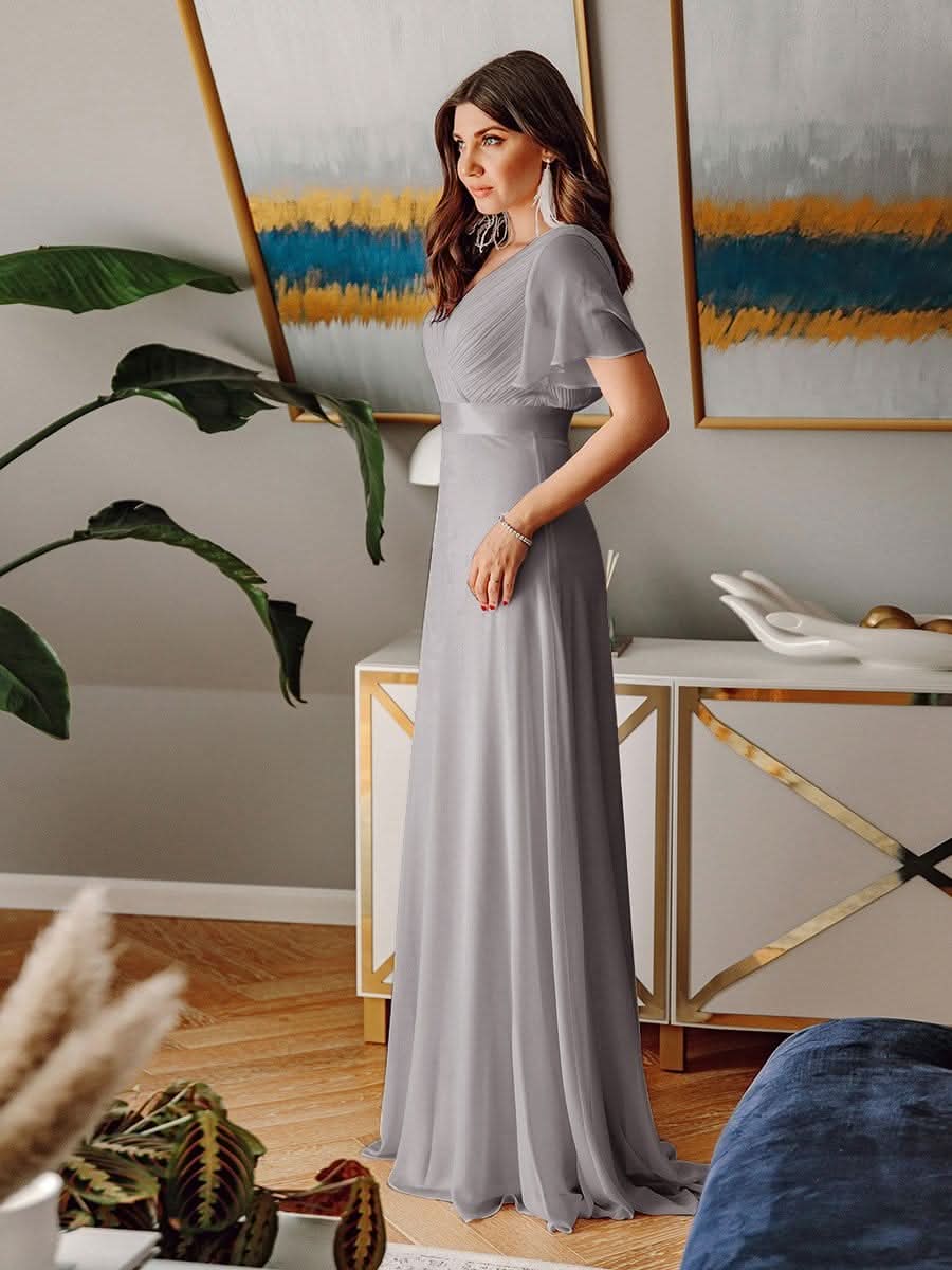 Damen V-Ausschnitt Lange Chiffon Abendkleider mit Schleppe #Farbe_Grau Damen V-Ausschnitt Lange Chiffon Abendkleider mit Schleppe #Farbe_Grau