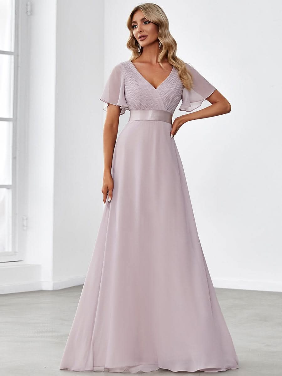 Minimalistisches A-Line Maxi Chiffon Brautkleid mit Satingürtel #Farbe_Lilac