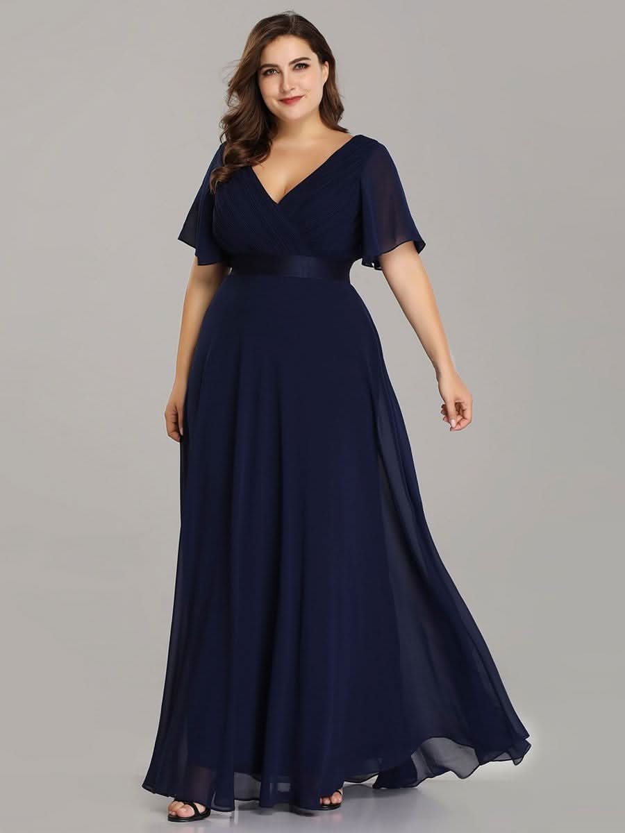 Damen V-Ausschnitt Chiffon Lange Abendkleider mit Schleppe #Farbe_Navy Blau Damen V-Ausschnitt Chiffon Lange Abendkleider mit Schleppe #Farbe_Navy Blau