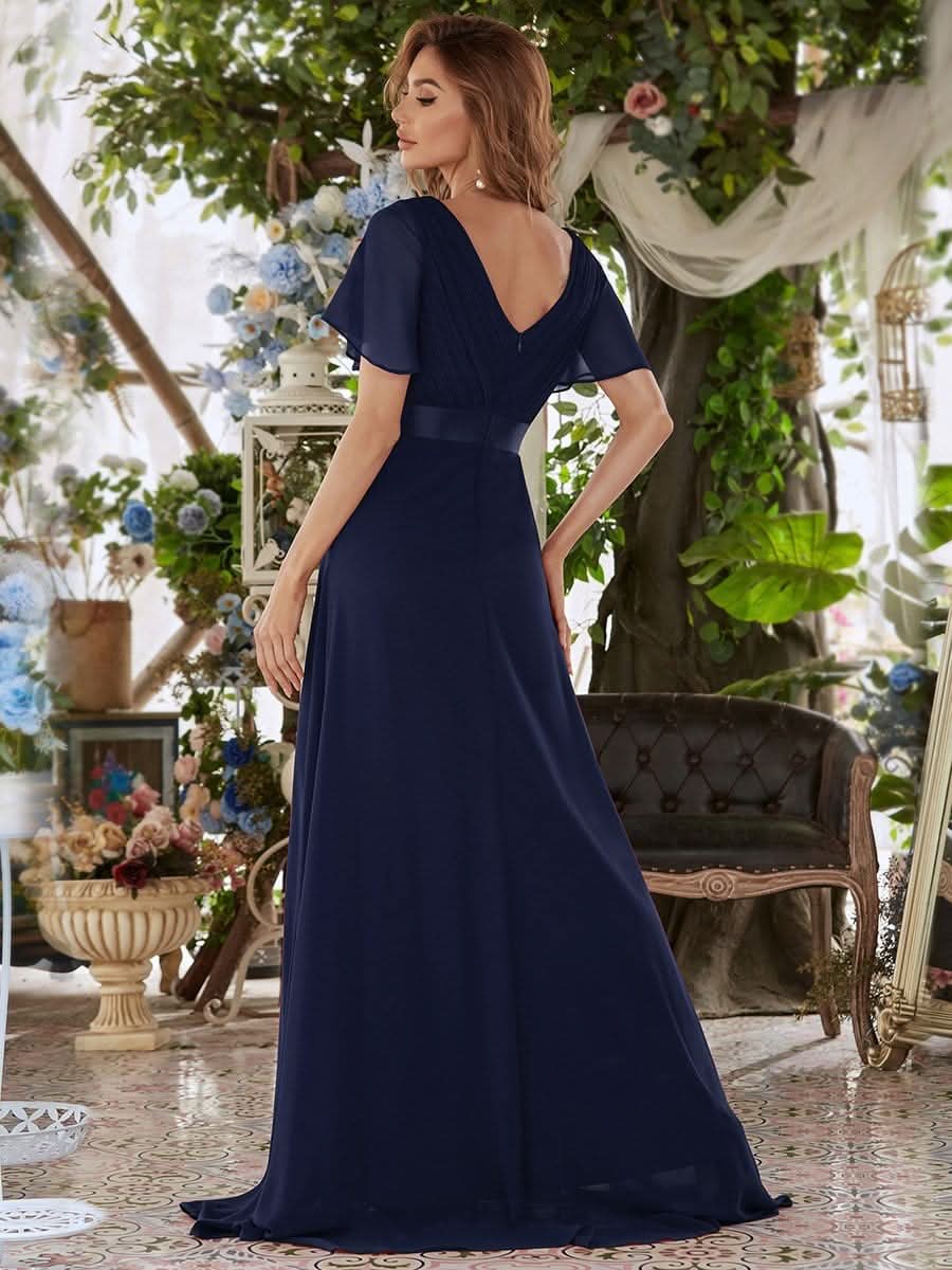 Damen V-Ausschnitt Chiffon Lange Abendkleider mit Schleppe #Farbe_Navy Blau Damen V-Ausschnitt Chiffon Lange Abendkleider mit Schleppe #Farbe_Navy Blau