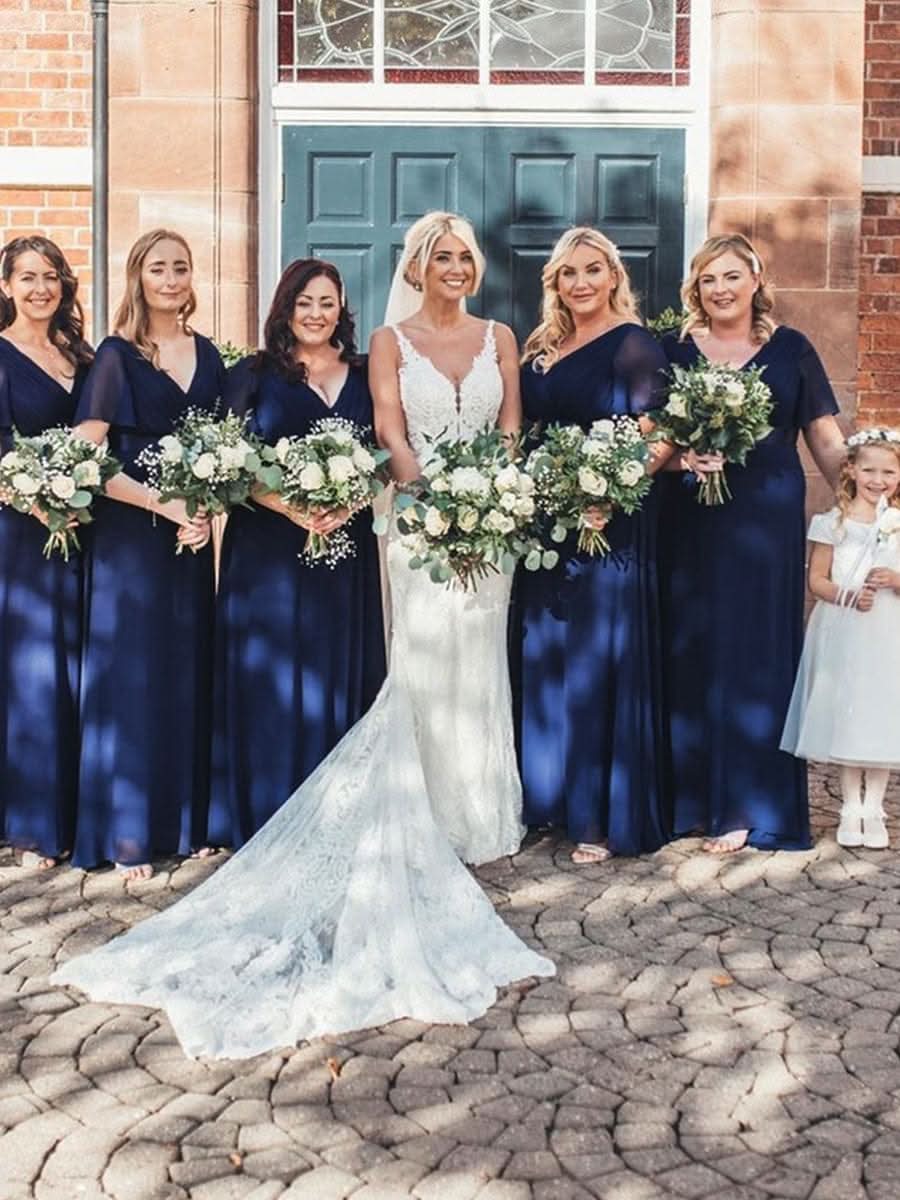 Damen V-Ausschnitt Chiffon Lange Abendkleider mit Schleppe #Farbe_Navy Blau Damen V-Ausschnitt Chiffon Lange Abendkleider mit Schleppe #Farbe_Navy Blau