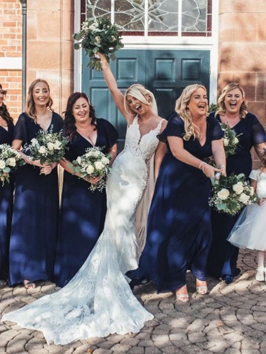 Damen V-Ausschnitt Chiffon Lange Abendkleider mit Schleppe #Farbe_Navy Blau Damen V-Ausschnitt Chiffon Lange Abendkleider mit Schleppe #Farbe_Navy Blau