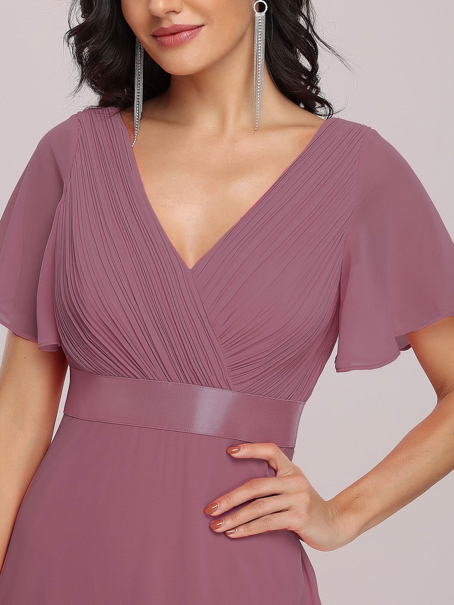 KurzÄrmliges Empire-Taille Brautmutterkleider in A-Linie mit V-Ausschnitt #Farbe_Orchid