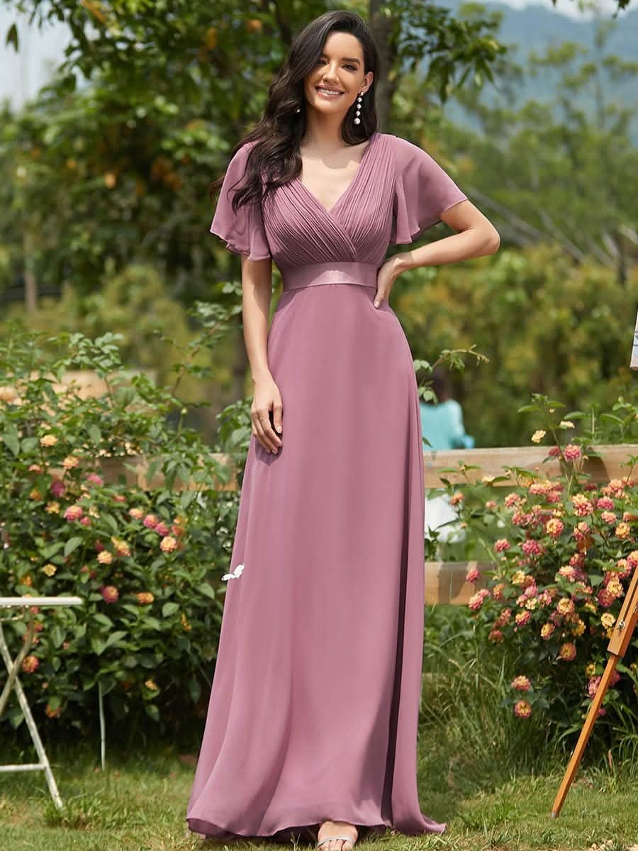 Damen V-Ausschnitt Chiffon Lange Abendkleider mit Schleppe #Farbe_Orchid