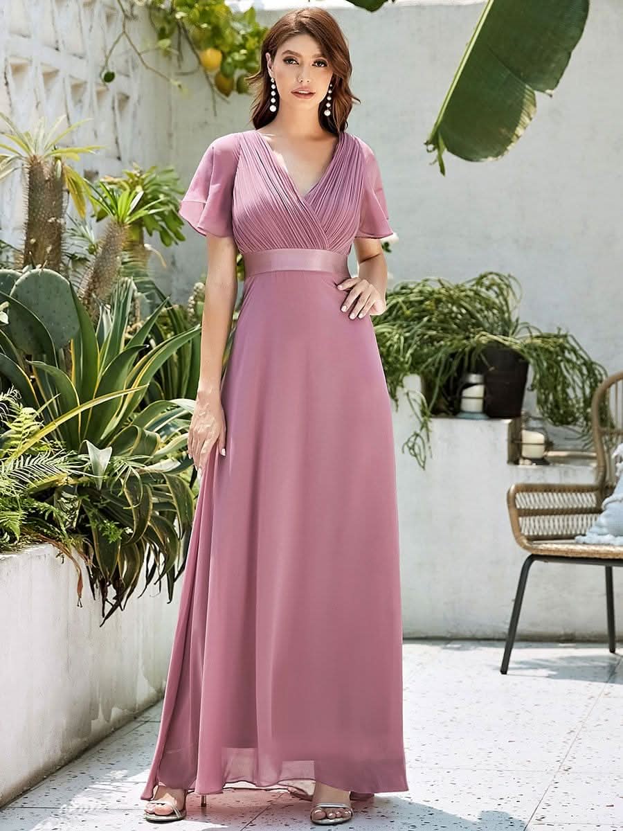 V-Ausschnitt Empire-Taille Lange Chiffon Hochzeitsgast Kleider mit RüschenÄrmeln #Farbe_Orchid
