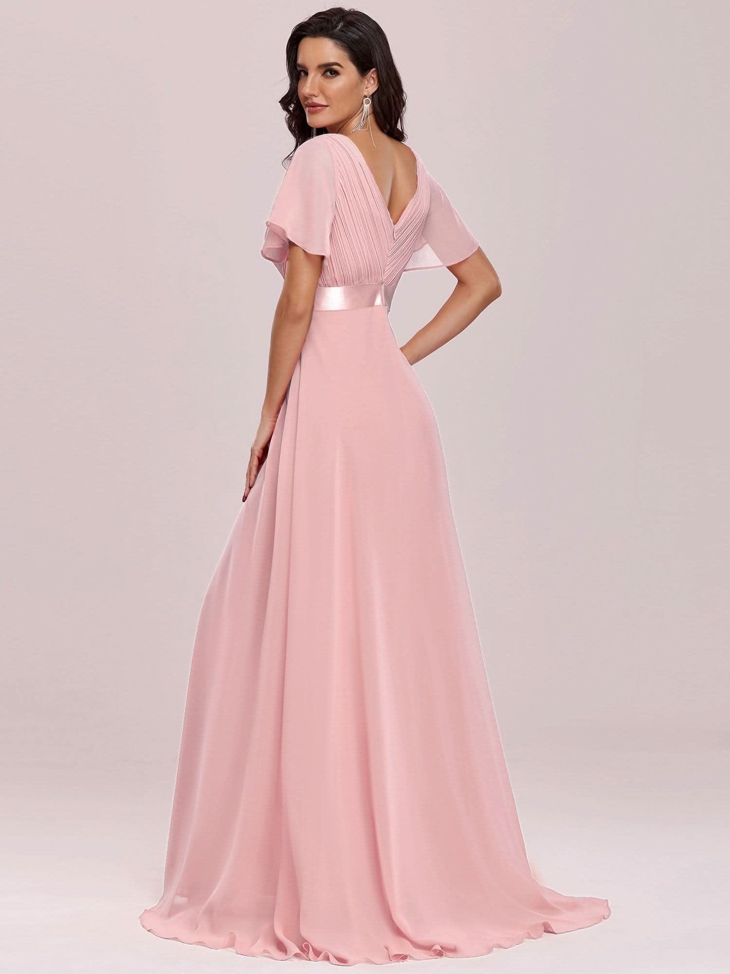 V-Ausschnitt Empire-Taille Lange Chiffon Hochzeitsgast Kleider mit RüschenÄrmeln #Farbe_Rosa