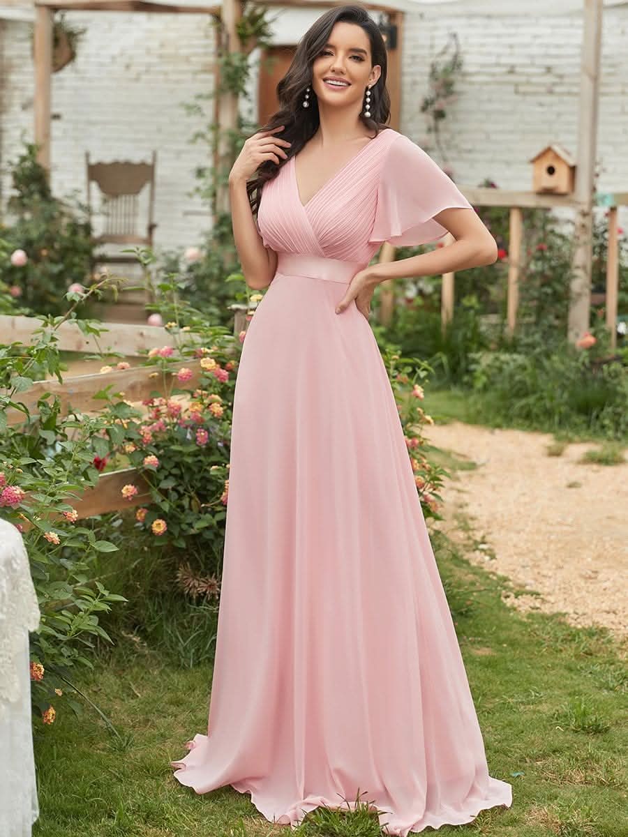 Damen V-Ausschnitt Chiffon Lange Abendkleider mit Schleppe #Farbe_Rosa Damen V-Ausschnitt Chiffon Lange Abendkleider mit Schleppe #Farbe_Rosa