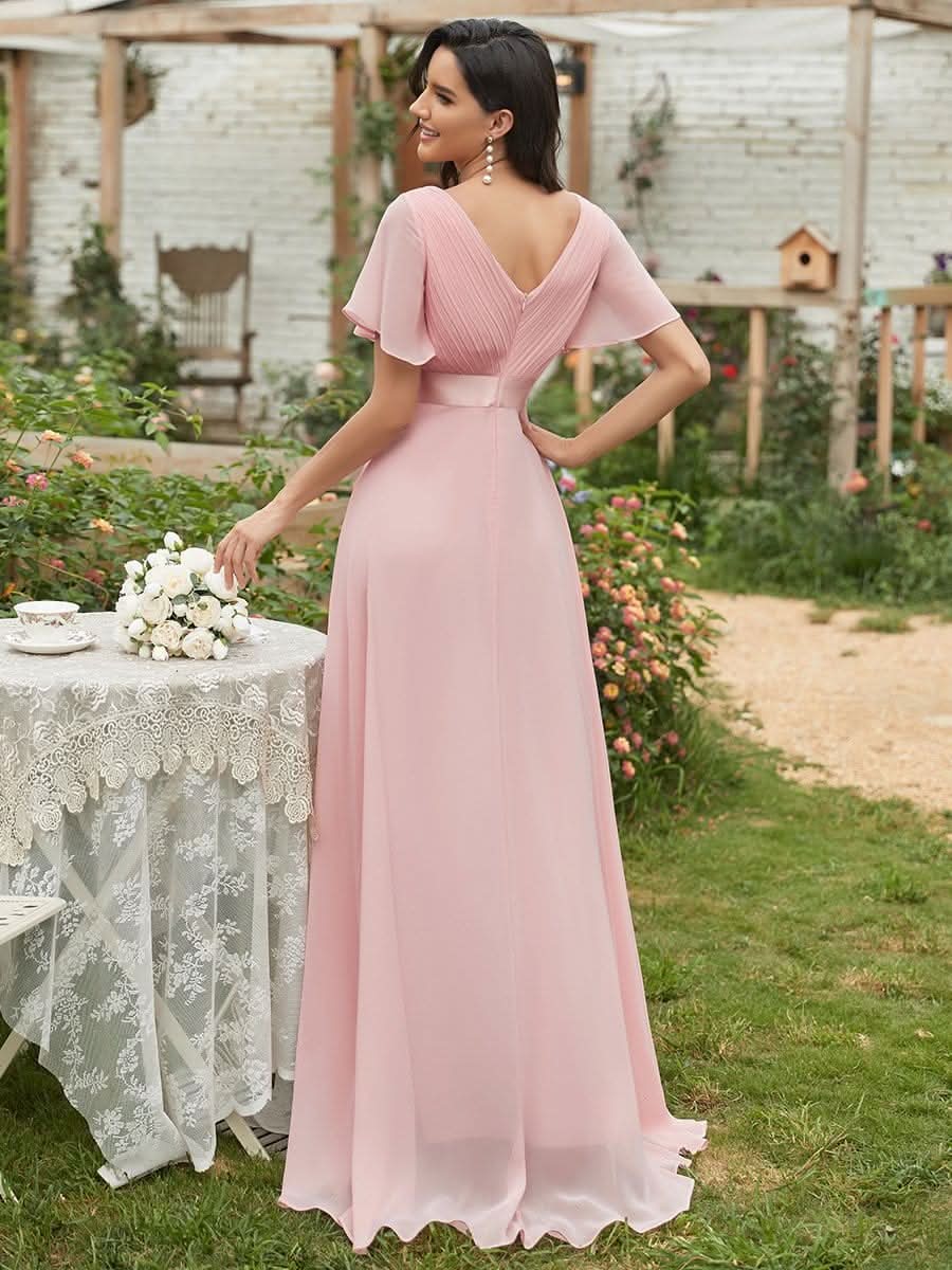 Damen V-Ausschnitt Chiffon Lange Abendkleider mit Schleppe #Farbe_Rosa Damen V-Ausschnitt Chiffon Lange Abendkleider mit Schleppe #Farbe_Rosa