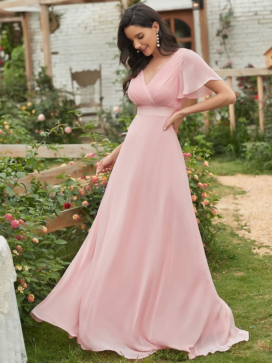 Damen V-Ausschnitt Chiffon Lange Abendkleider mit Schleppe #Farbe_Rosa Damen V-Ausschnitt Chiffon Lange Abendkleider mit Schleppe #Farbe_Rosa