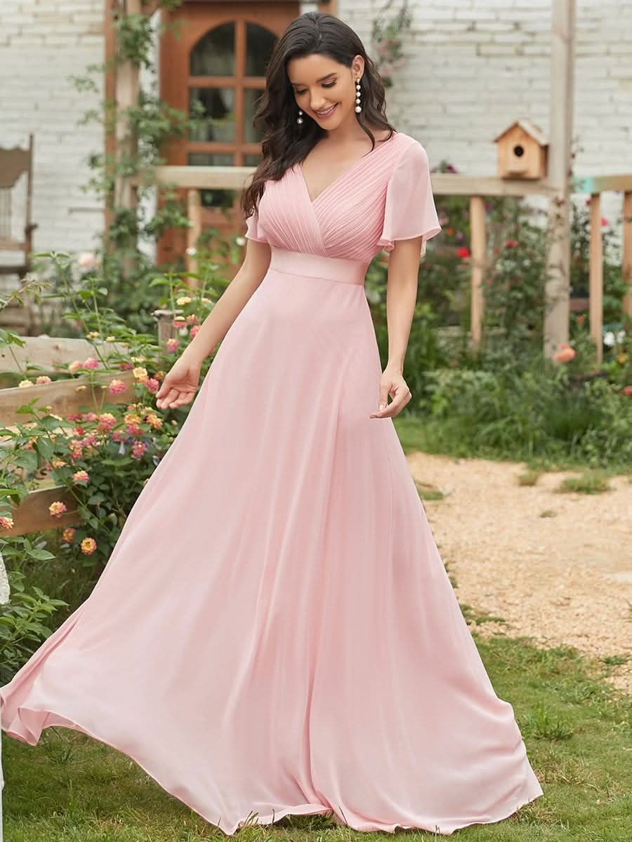 Damen V-Ausschnitt Chiffon Lange Abendkleider mit Schleppe #Farbe_Rosa Damen V-Ausschnitt Chiffon Lange Abendkleider mit Schleppe #Farbe_Rosa