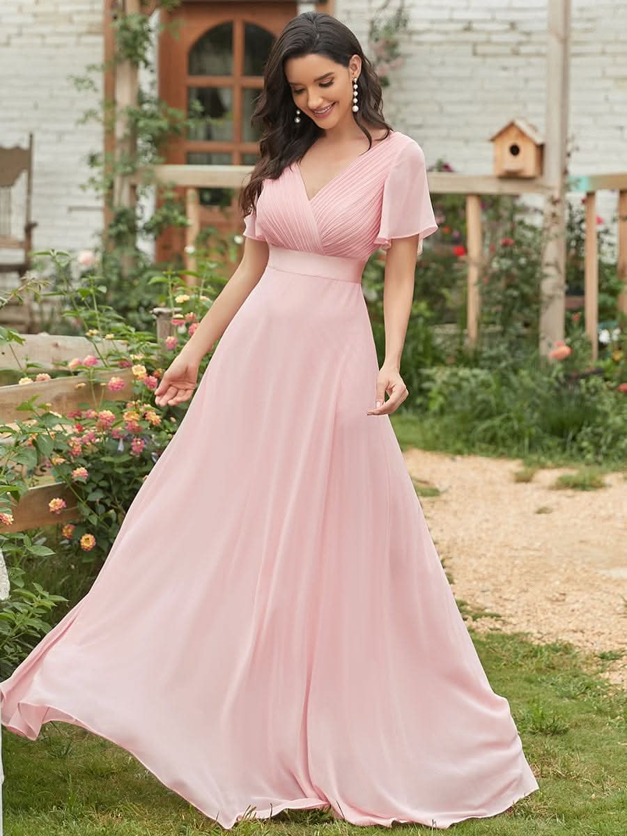 Größe Nach Maß Damen V-Ausschnitt Lange Chiffon Abendkleider mit Schleppe 09890