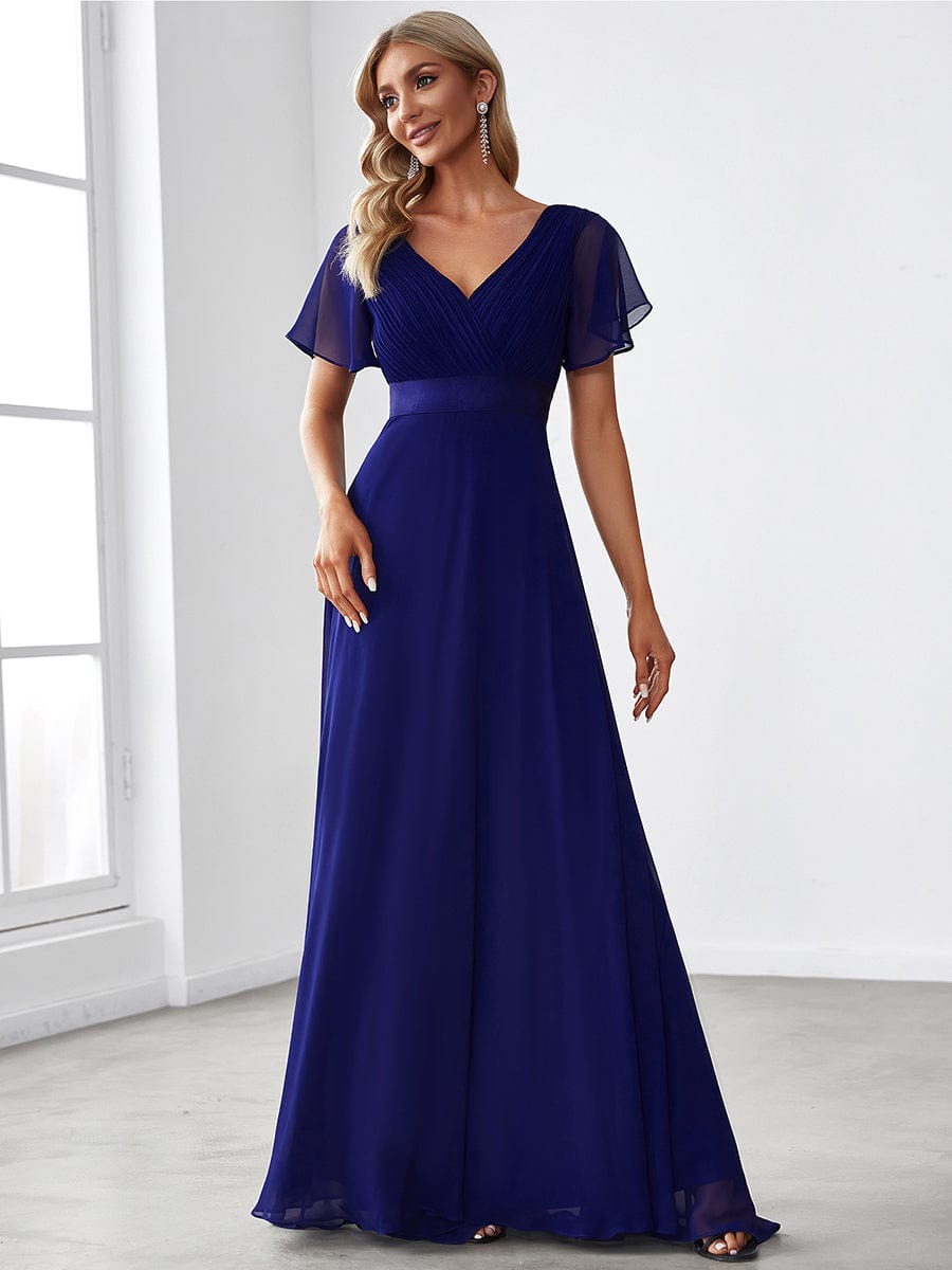 Größe Nach Maß Damen V-Ausschnitt Lange Chiffon Abendkleider mit Schleppe #Farbe_Koenigsblau