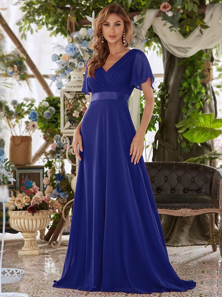 Damen V-Ausschnitt Chiffon Lange Abendkleider mit Schleppe #Farbe_Saphirblau Damen V-Ausschnitt Chiffon Lange Abendkleider mit Schleppe #Farbe_Saphirblau