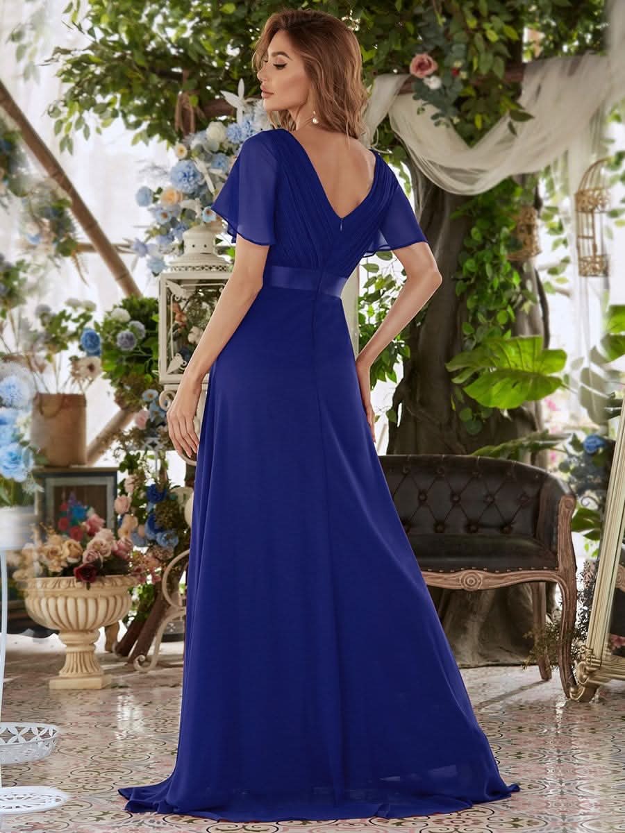 Damen V-Ausschnitt Chiffon Lange Abendkleider mit Schleppe #Farbe_Saphirblau Damen V-Ausschnitt Chiffon Lange Abendkleider mit Schleppe #Farbe_Saphirblau