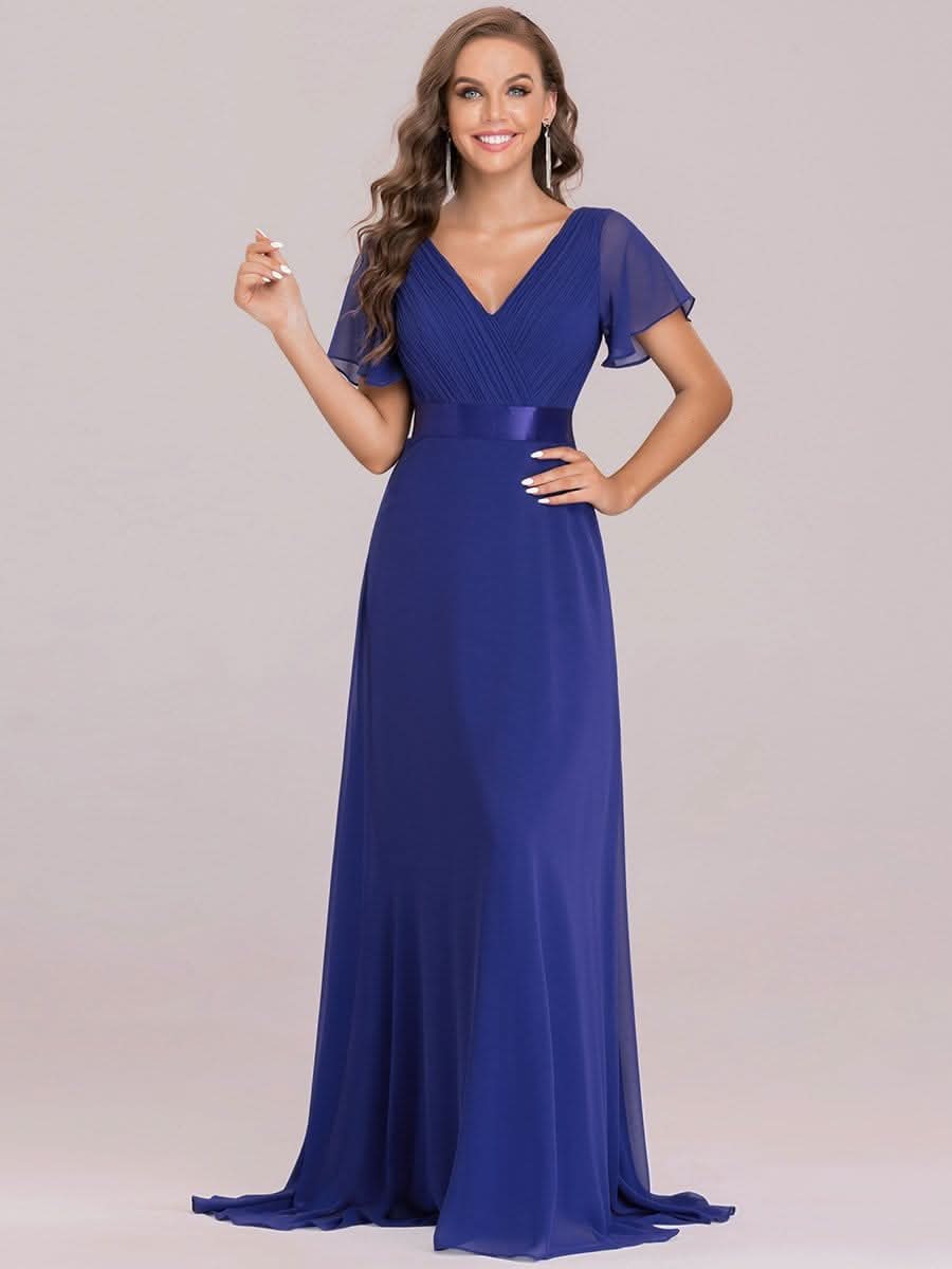 Damen V-Ausschnitt Chiffon Lange Abendkleider mit Schleppe #Farbe_Saphirblau Damen V-Ausschnitt Chiffon Lange Abendkleider mit Schleppe #Farbe_Saphirblau