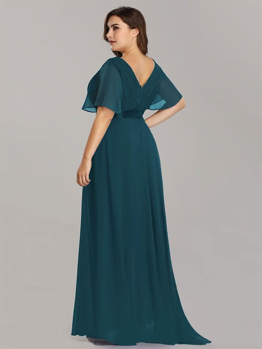 V-Ausschnitt Empire-Taille Lange Chiffon Hochzeitsgast Kleider Große Größen #Farbe_Teal