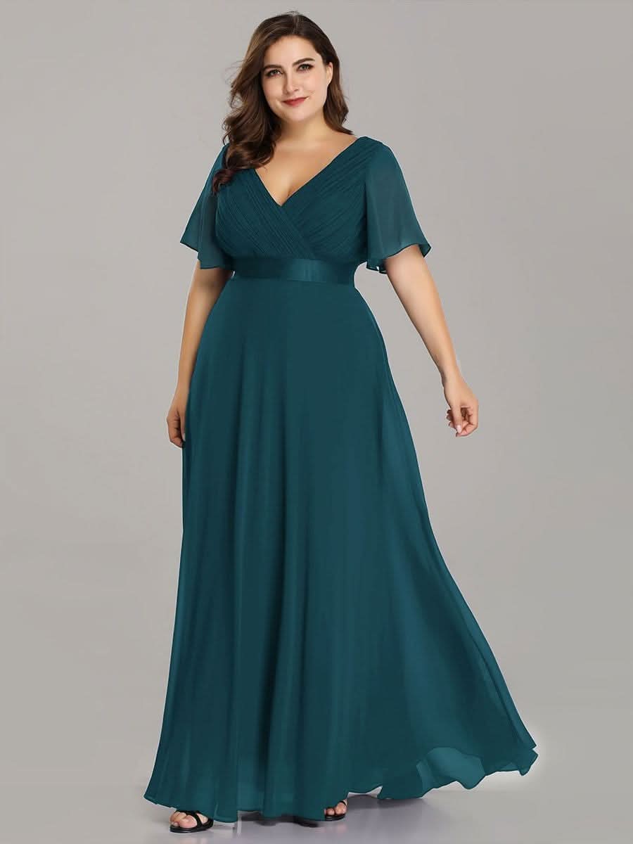 V-Ausschnitt Empire-Taille Lange Chiffon Hochzeitsgast Kleider mit RüschenÄrmeln #Farbe_Teal
