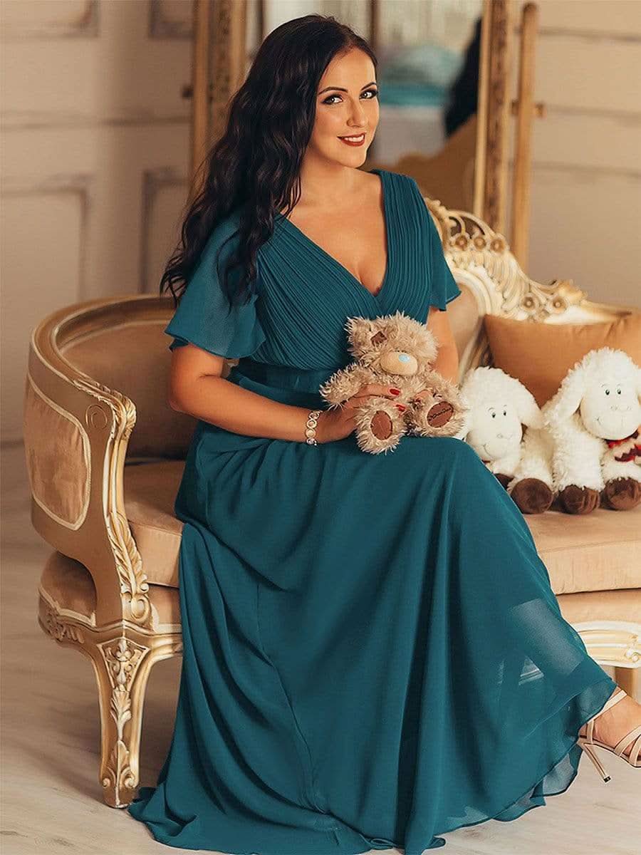 Langes Brautjungfernkleid mit Empire-Taille und kurzen, flatternden Ärmeln #Farbe_Teal